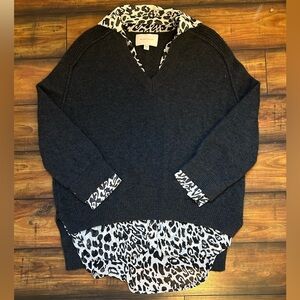 Brochu Walker Looker Wool Cashmere Sweater w/ Animal Print Blouse Dark Navy Sz L